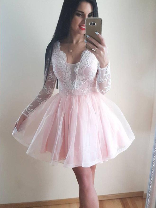 long sleeves lace appliques tulle plunge neck short prom dress dtp199