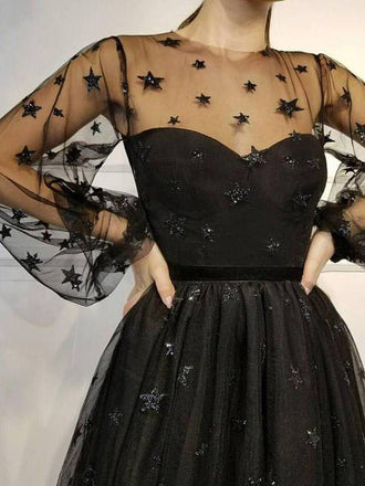 starry night long sleeves homecoming dress tulle short prom dress dtp254
