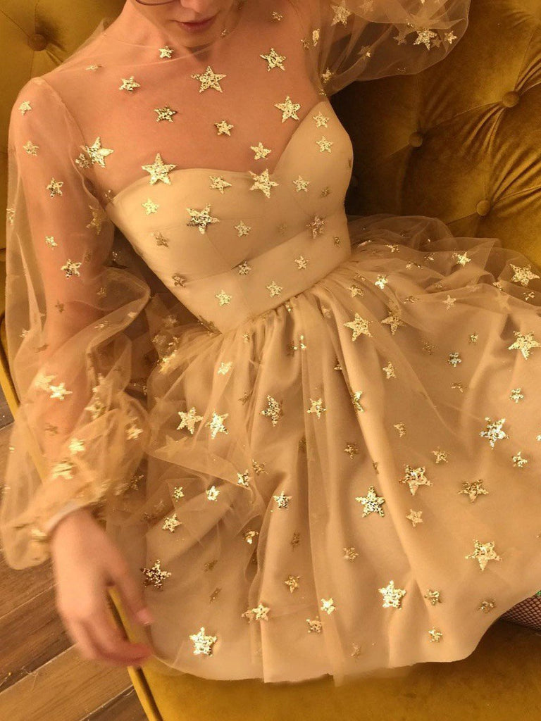 starry night long sleeves homecoming dress tulle short prom dress dtp254