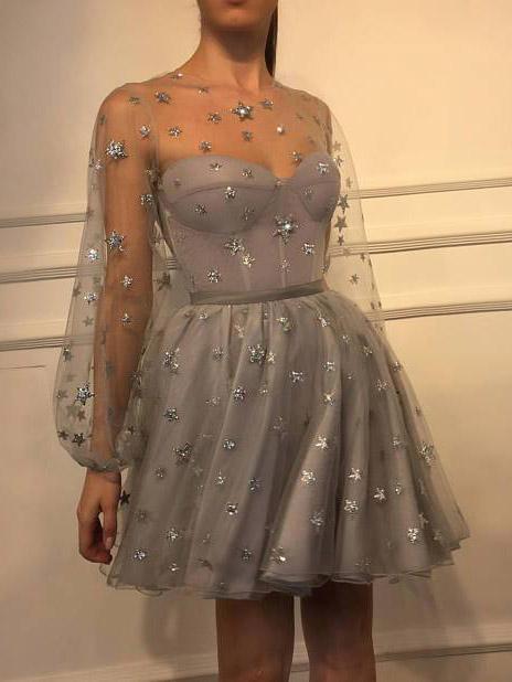 starry night long sleeves homecoming dress tulle short prom dress dtp254