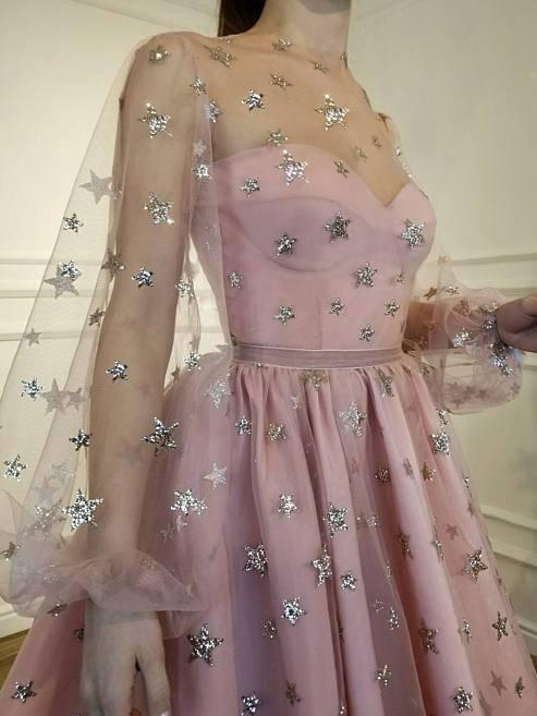 starry night long sleeves homecoming dress tulle short prom dress dtp254
