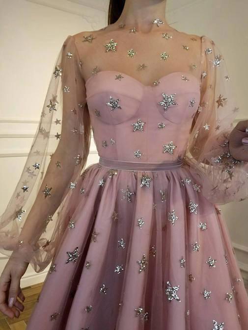 starry night long sleeves homecoming dress tulle short prom dress dtp254