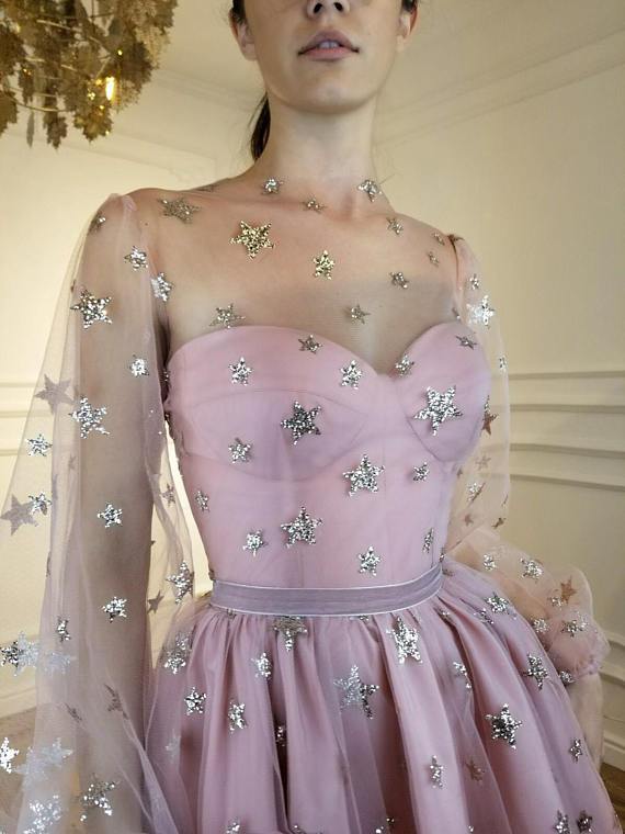 starry night long sleeves homecoming dress tulle short prom dress dtp254