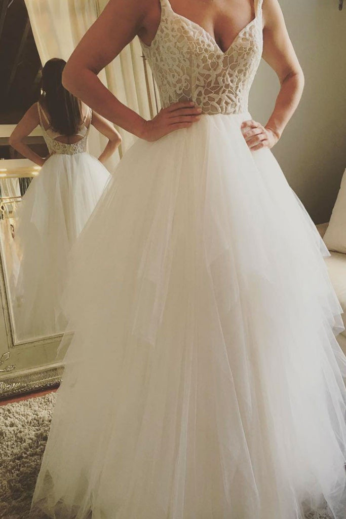 a-line/princess tulle wedding dress backless bridal gown with lace dtw86