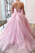 Two Pieces Pink Long Prom Dresses Sparkly Halter Neck Formal Gown