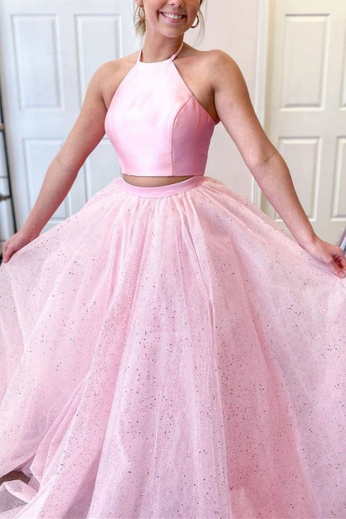 Two Pieces Pink Long Prom Dresses Sparkly Halter Neck Formal Gown DTP18 DressTok.co.uk Two Pieces Pink Long Prom Dresses Sparkly Halter Neck Formal Gown DTP18 DressTok.co.uk