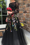 Two Piece Black Long Sleeves Lace Appliqued Prom Dress Tulle Party Gown