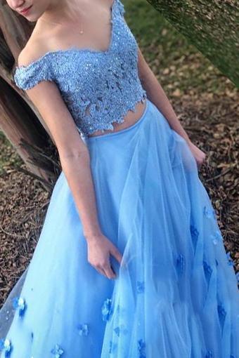 Two Piece Blue Prom Dress Off-The-Shoulder A Line Long Graduation Gown