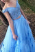 Two Piece Blue Prom Dress Off-The-Shoulder A Line Long Graduation Gown