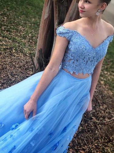 two piece blue prom dress off-the-shoulder a-line long graduation gown dtp488