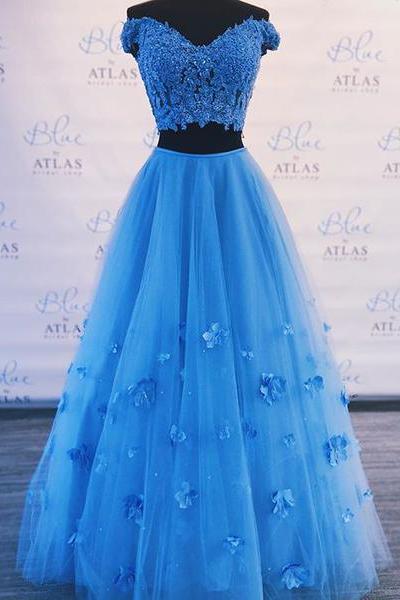 Two Piece Blue Prom Dress Off-The-Shoulder A Line Long Graduation Gown