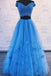 Two Piece Blue Prom Dress Off-The-Shoulder A Line Long Graduation Gown