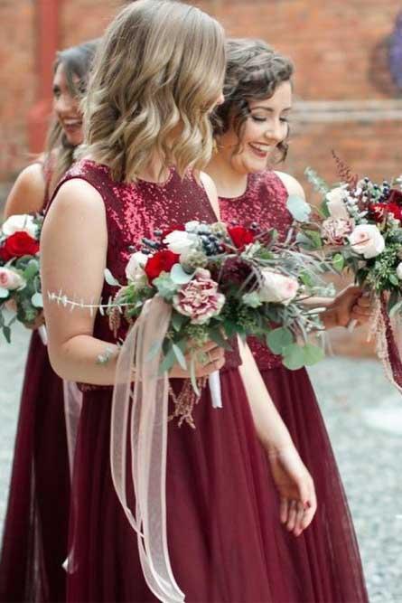 Two Piece Burgundy Bridesmaid Dresses Bateau Tulle with Sequins