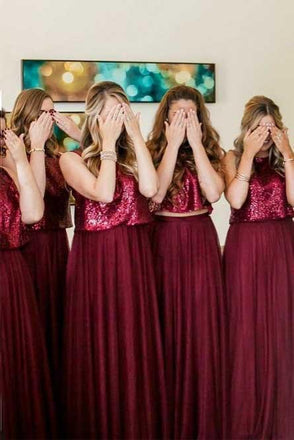 Two Piece Burgundy Bridesmaid Dresses Bateau Tulle with Sequins
