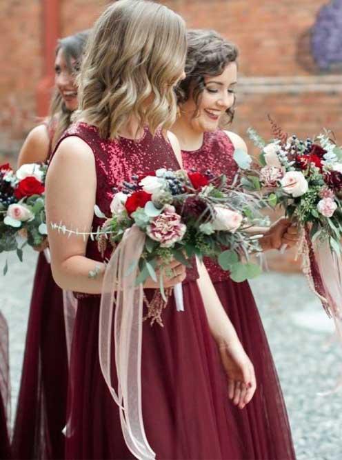 two piece burgundy bridesmaid dresses bateau tulle with sequins dtb65
