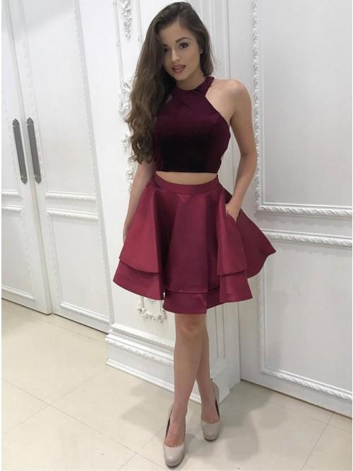 maroon sweet 16 dress two piece layers short prom dress with pockets dtp211