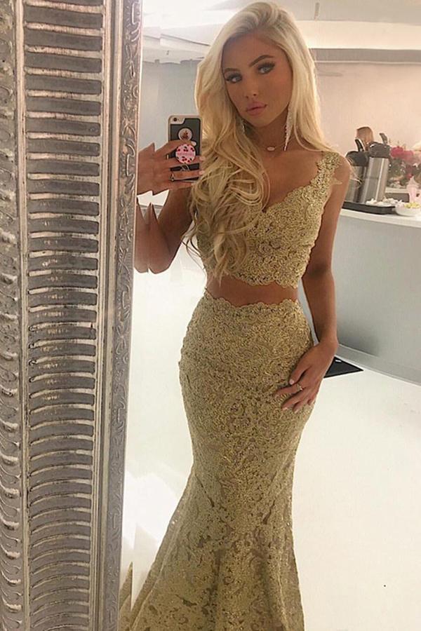 mermaid lace evening gown v-neck two piece lace gold prom dress dtp174