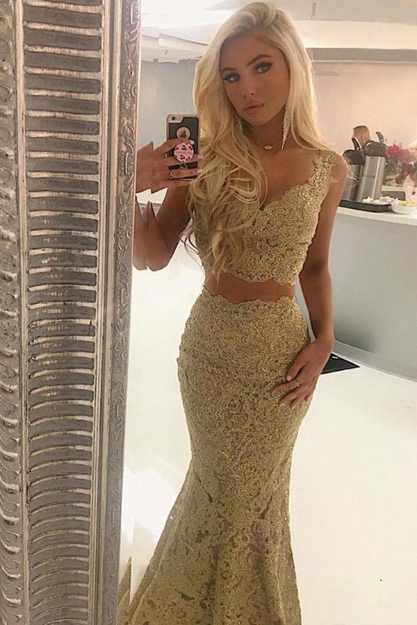 Gold 2 deals piece prom dress
