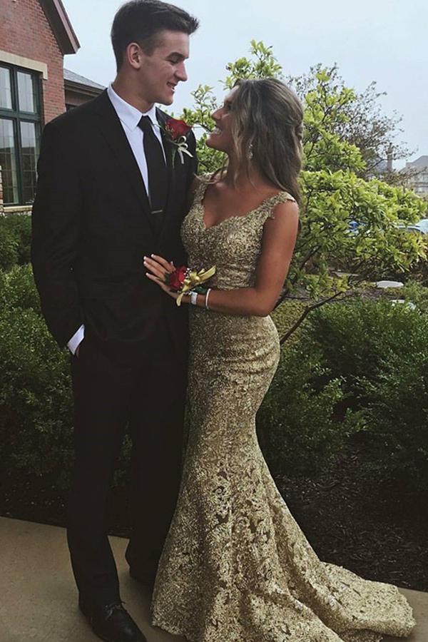 Mermaid Lace Evening Gown V Neck Two Piece Lace Gold Prom Dress DTP174 DressTok