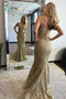 V-Neck Two Piece Lace Gold Prom Dress, Mermaid Lace Evening Gown