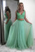 Two Piece Prom Dress Mint Green Beading V-neck Tulle Party Dress