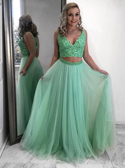 two piece prom dress mint green beading v-neck tulle party dress dtp486