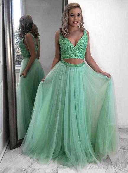 Two Piece Prom Dress Mint Green Beading V neck Tulle Party Dress