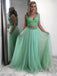 two piece prom dress mint green beading v-neck tulle party dress dtp486