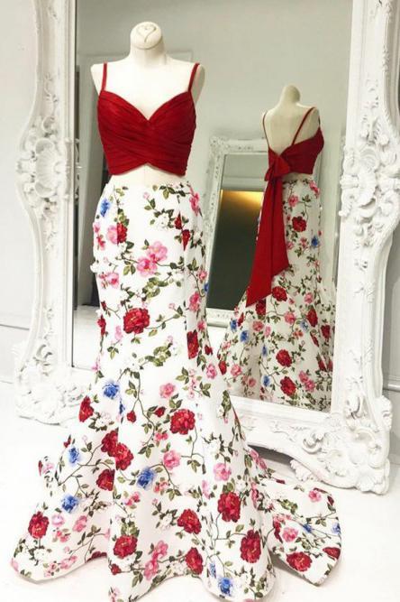 Satin Floral Print Mermaid Two Piece Prom Dress with Bowknot DTP108 –  DressTok.co.uk