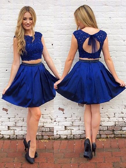 two piece keyhole royal blue short prom dress dtp261