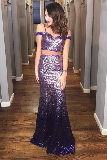 Two Piece Spaghetti Straps Sequined Ombre Purple Prom Dresses