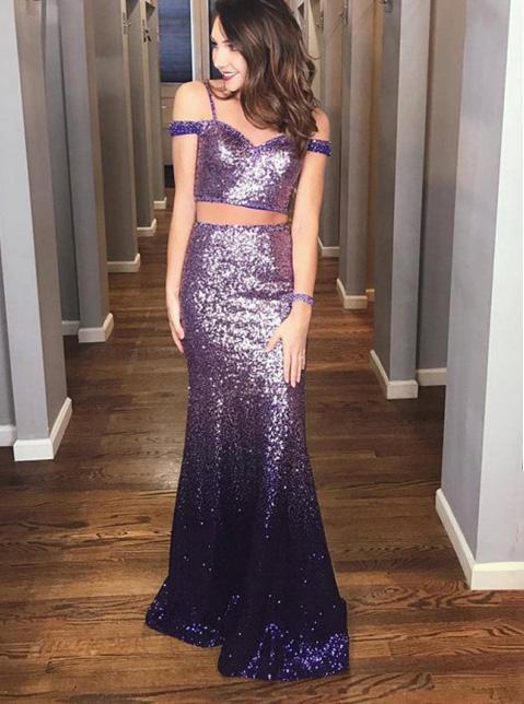 two piece spaghetti straps sequined ombre purple prom dresses dtp506