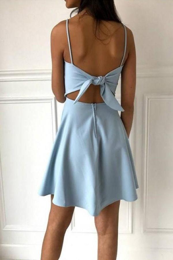 Unique Light Blue Homecoming Dress, Spaghetti Straps Simple Party Dress