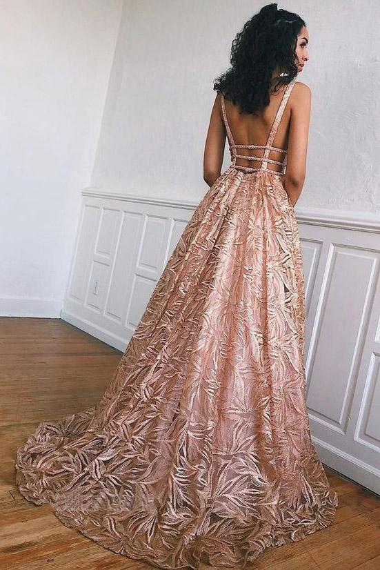 Unique A-line Backless Prom Dress With Beading, Plus Size Long Evening Dress