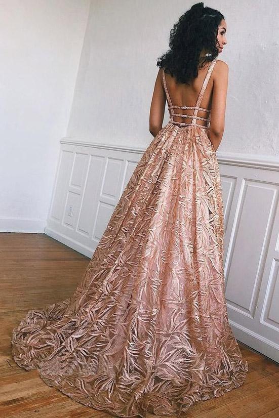Unique A-line Backless Prom Dress With Beading, Plus Size Long Evening Dress