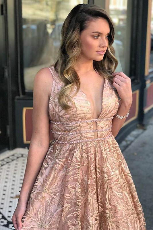 Unique A-line Backless Prom Dress With Beading, Plus Size Long Evening Dress