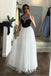 Unique Black White Tulle Halter Long Prom Dress A Line Party Dress