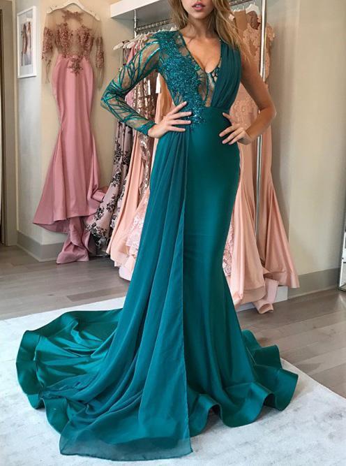 unique one-long sleeves mermaid hunter prom dress v-neck with appliques dtp432