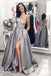 Unique One-Shoulder Long Sleeves Appliques Gray Prom Formal Dress With Split