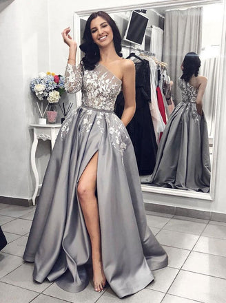 unique one-shoulder long sleeves appliques gray prom formal dress with split dtp382