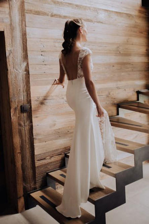Unique Sheath Lace Wedding Dress Cap Sleeves Backless Bridal Gown