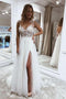 V-neck Appliques Beach Wedding Dresses, Tulle Prom Dress With Split