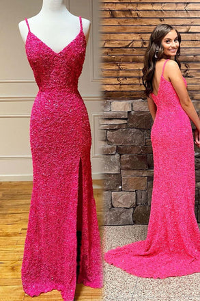 Mermaid Spaghetti Straps Slit V Neck Prom Dresses, Long Formal Evening Dresses