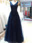 Dark Navy V-neck Tulle Long Prom Dress With Beading Appliqued