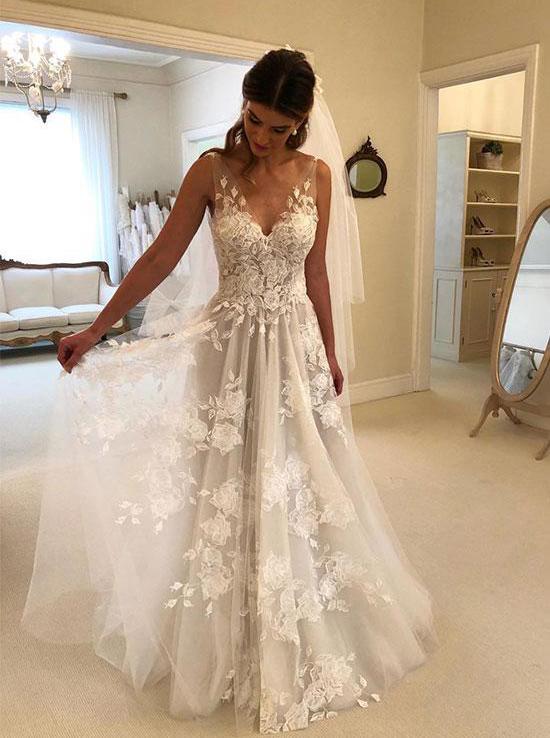 v neck tulle lace appliques long beach backless wedding dress dtw133
