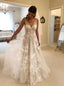 V neck Tulle Lace Appliques Long Beach Backless Wedding Dress
