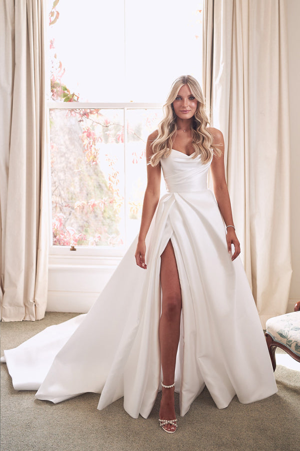 Elegant Sweetheart A Line Wedding Dress With Side Slit, Simple Satin Bridal Gown