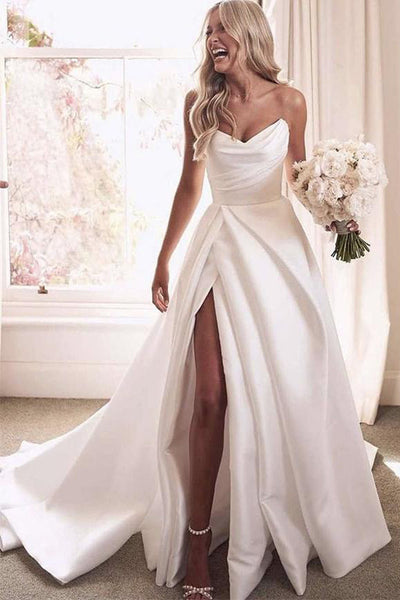 women satin a line wedding dress uk Dreamyannie Women Ivory Beach Wedding Dress A Line V Neck Satin Backless Bridal Dress with Slit Dreamyannie UK