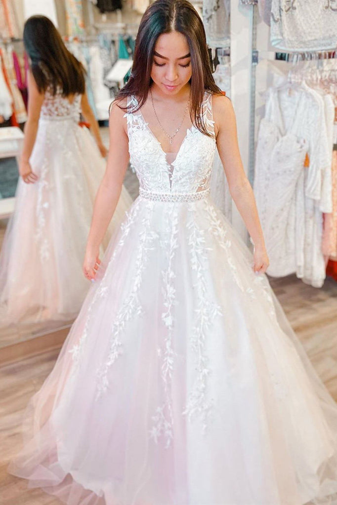 long formal prom dresses v neck white applique wedding dresses dtw11