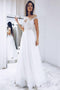 White Sheer Neck Boho Wedding Dress, Floor Length Lace Tulle Bridal Gown
